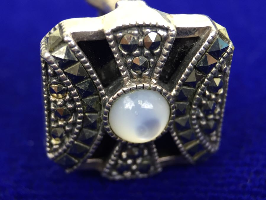 Vintage Sterling Silver Marcasite, Moonstone, Black Onyx Pierced Earrings Signed Sterling JJ Judith Jack [Photo 6]