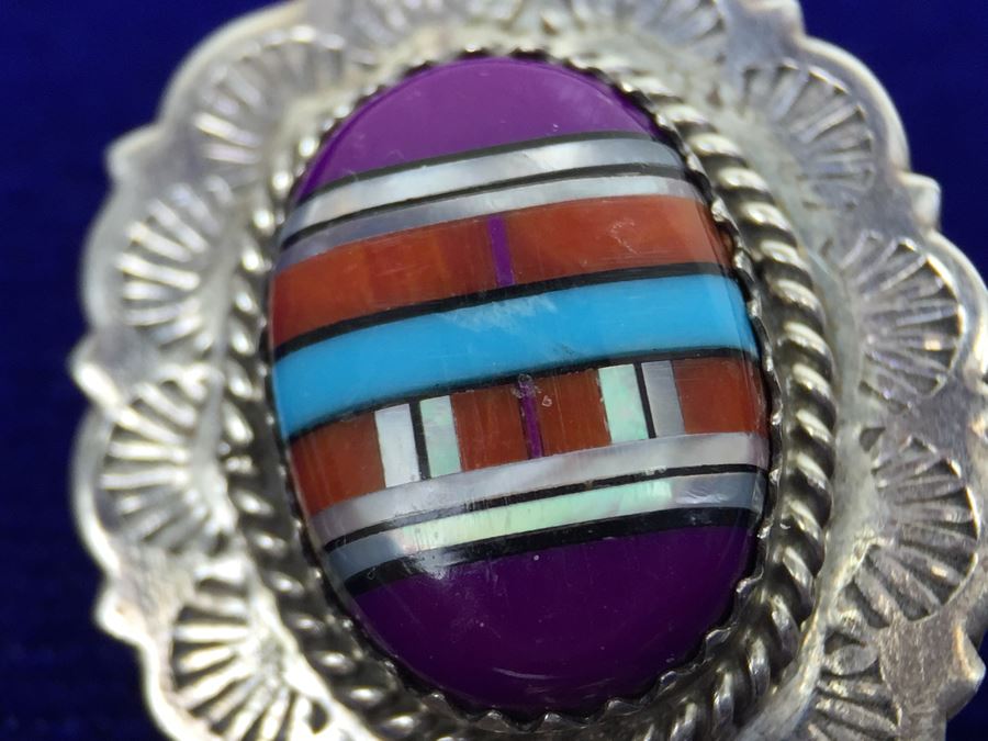 Native American Sterling Silver Inlaid Sugulite, Coral And Turquoise Pierced Earrings Signed [Photo 9]