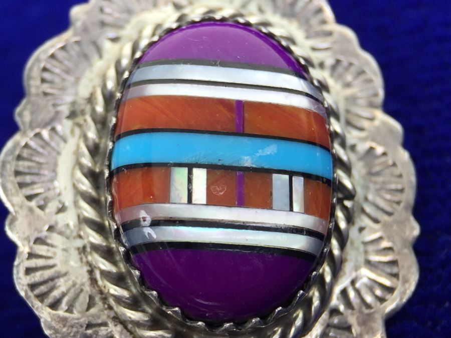 Native American Sterling Silver Inlaid Sugulite, Coral And Turquoise Pierced Earrings Signed [Photo 12]