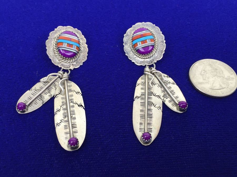 Native American Sterling Silver Inlaid Sugulite, Coral And Turquoise Pierced Earrings Signed [Photo 1]