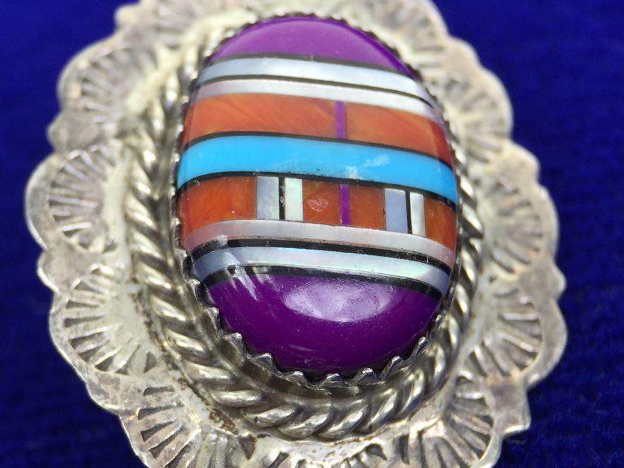 Native American Sterling Silver Inlaid Sugulite, Coral And Turquoise Pierced Earrings Signed [Photo 2]