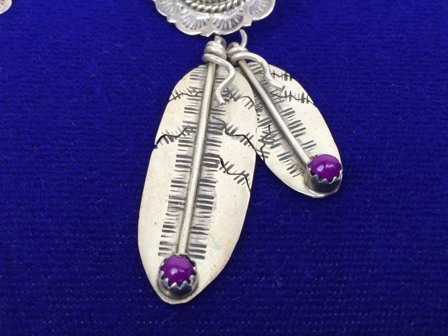 Native American Sterling Silver Inlaid Sugulite, Coral And Turquoise Pierced Earrings Signed [Photo 7]