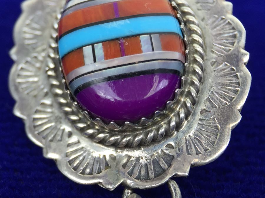 Native American Sterling Silver Inlaid Sugulite, Coral And Turquoise Pierced Earrings Signed [Photo 10]