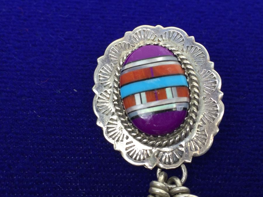 Native American Sterling Silver Inlaid Sugulite, Coral And Turquoise Pierced Earrings Signed [Photo 6]