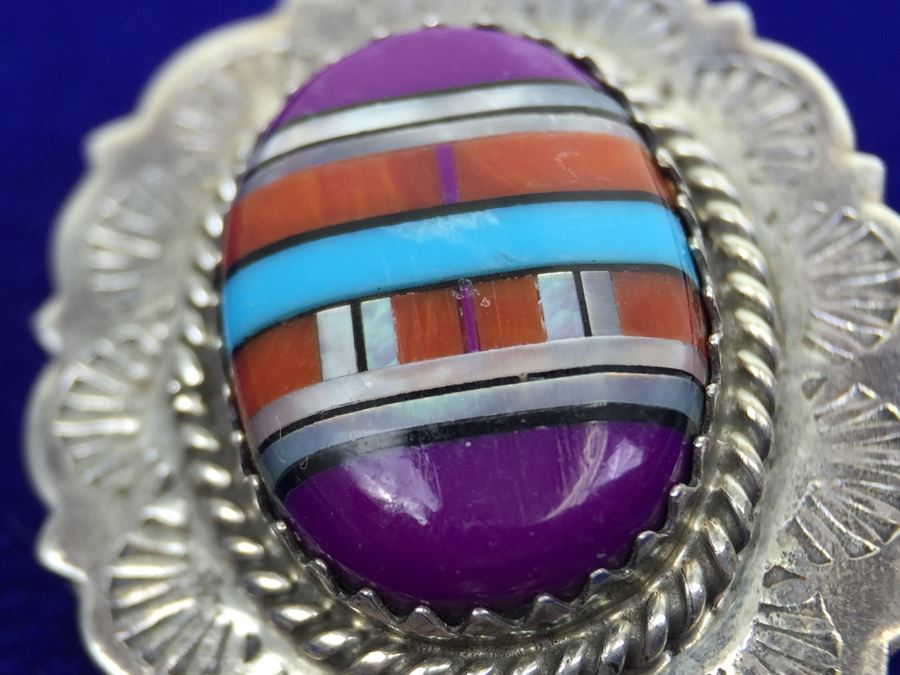 Native American Sterling Silver Inlaid Sugulite, Coral And Turquoise Pierced Earrings Signed [Photo 11]