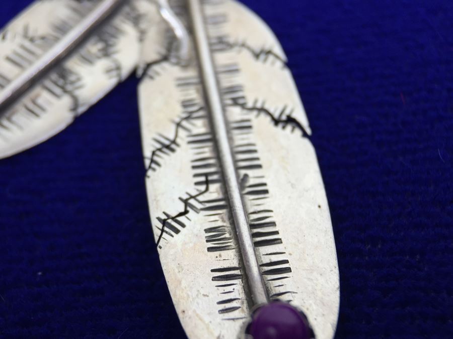 Native American Sterling Silver Inlaid Sugulite, Coral And Turquoise Pierced Earrings Signed [Photo 14]