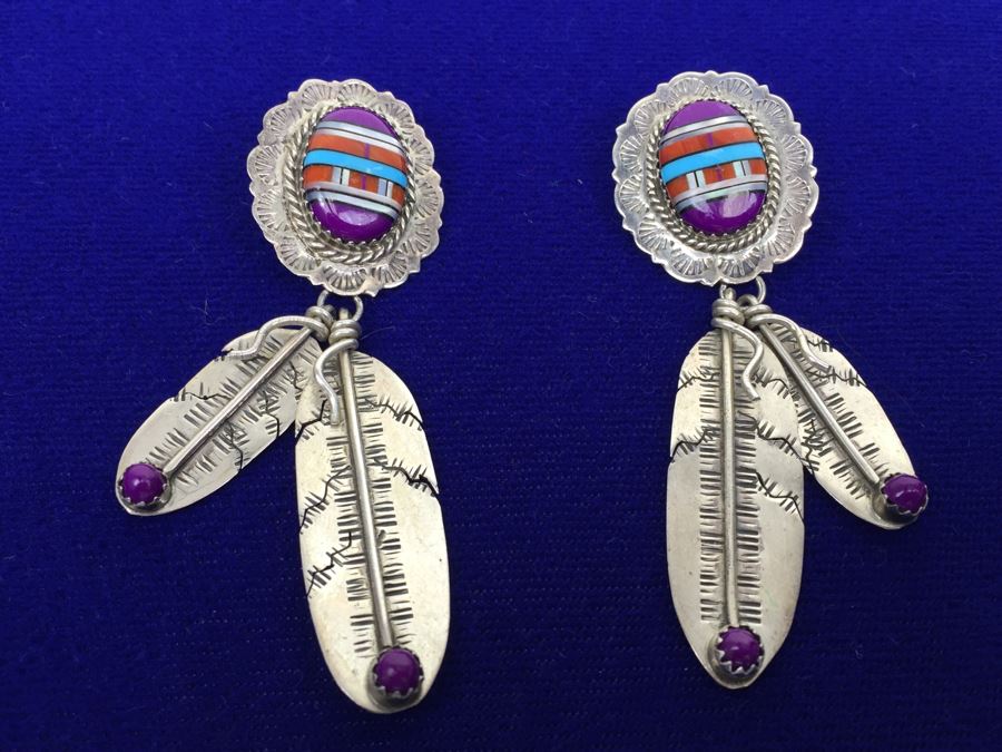 Native American Sterling Silver Inlaid Sugulite, Coral And Turquoise Pierced Earrings Signed [Photo 4]