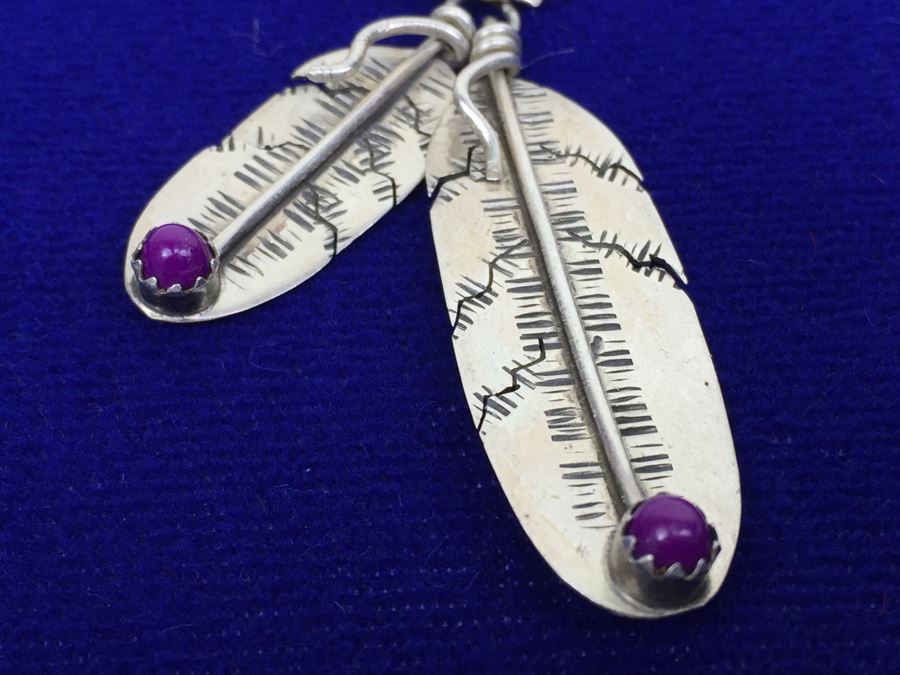 Native American Sterling Silver Inlaid Sugulite, Coral And Turquoise Pierced Earrings Signed [Photo 8]