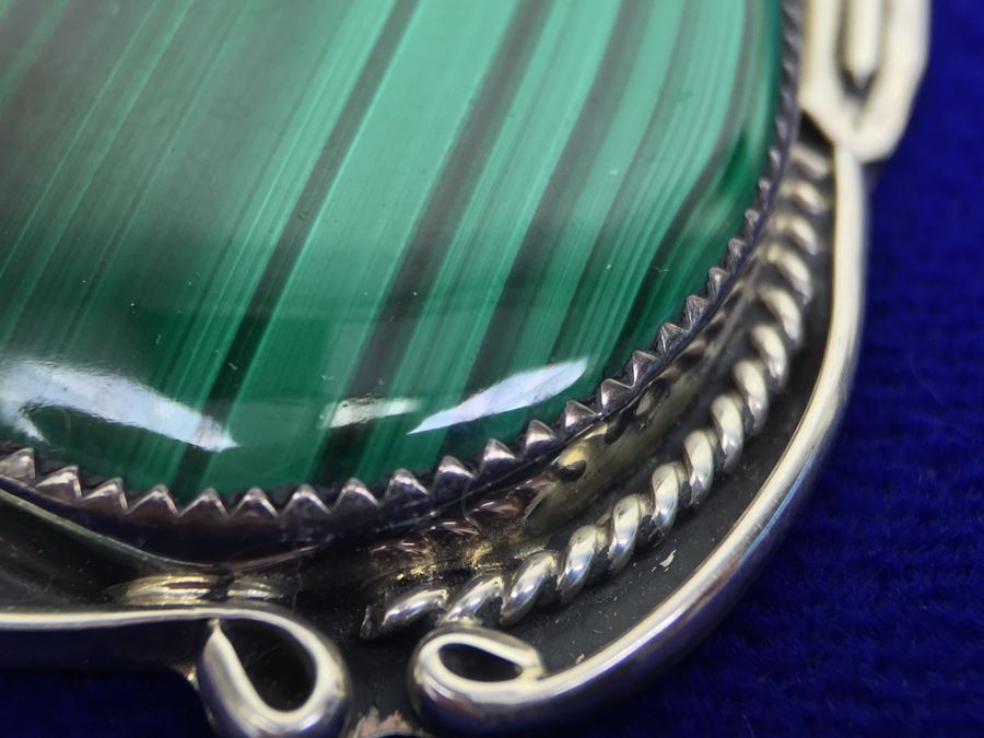 Large Sterling Silver Malachite Pendant Navajo Signed CT Sterling With Sterling Silver 925 Italy Rope Chain Necklace [Photo 14]