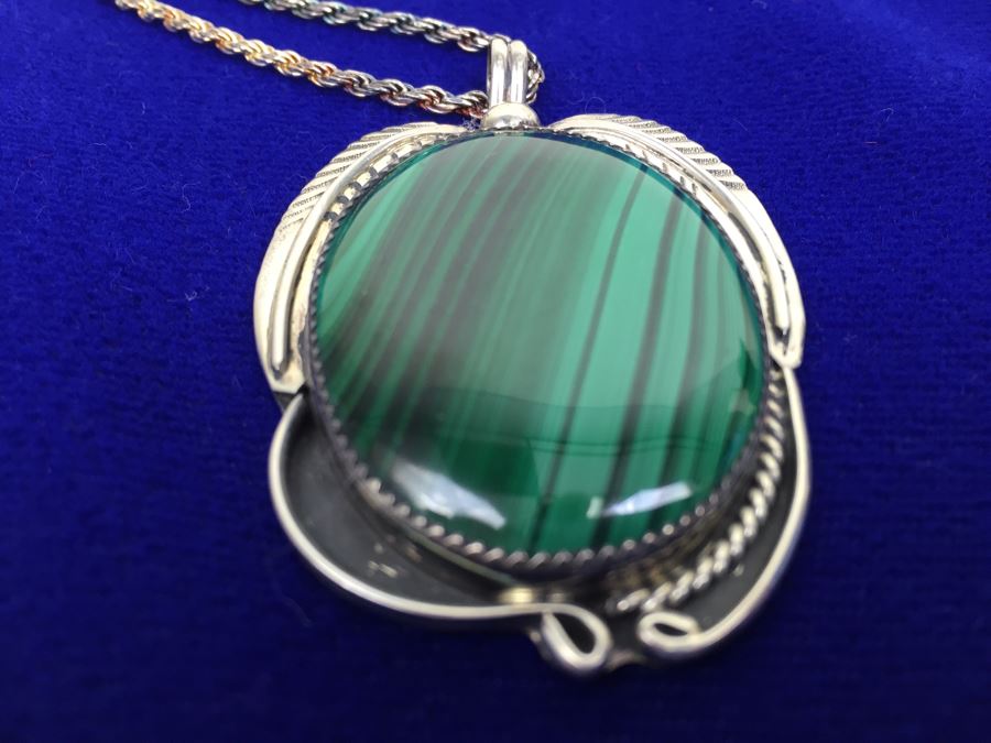 Large Sterling Silver Malachite Pendant Navajo Signed CT Sterling With Sterling Silver 925 Italy Rope Chain Necklace [Photo 9]