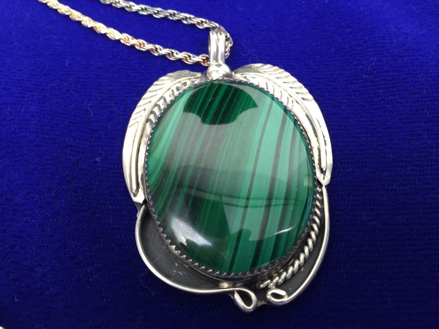 Large Sterling Silver Malachite Pendant Navajo Signed CT Sterling With Sterling Silver 925 Italy Rope Chain Necklace [Photo 8]