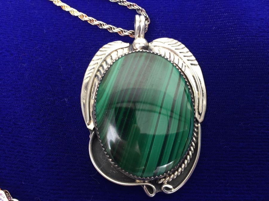 Large Sterling Silver Malachite Pendant Navajo Signed CT Sterling With Sterling Silver 925 Italy Rope Chain Necklace [Photo 10]