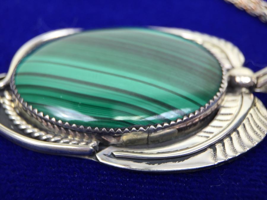 Large Sterling Silver Malachite Pendant Navajo Signed CT Sterling With Sterling Silver 925 Italy Rope Chain Necklace [Photo 15]