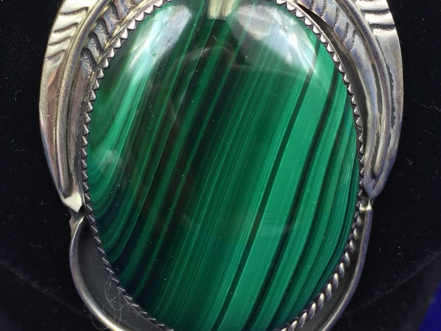 Large Sterling Silver Malachite Pendant Navajo Signed CT Sterling With Sterling Silver 925 Italy Rope Chain Necklace [Photo 5]