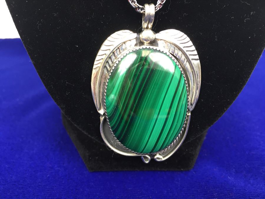 Large Sterling Silver Malachite Pendant Navajo Signed CT Sterling With Sterling Silver 925 Italy Rope Chain Necklace [Photo 2]