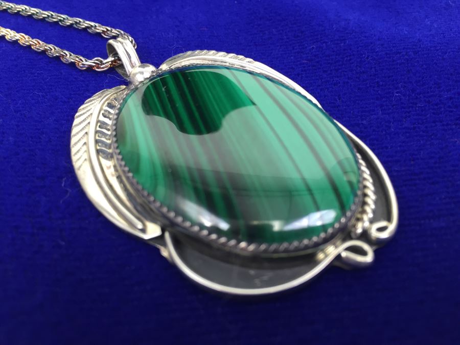 Large Sterling Silver Malachite Pendant Navajo Signed CT Sterling With