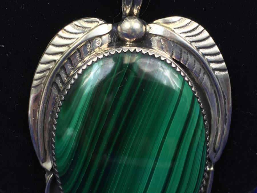Large Sterling Silver Malachite Pendant Navajo Signed CT Sterling With Sterling Silver 925 Italy Rope Chain Necklace [Photo 4]