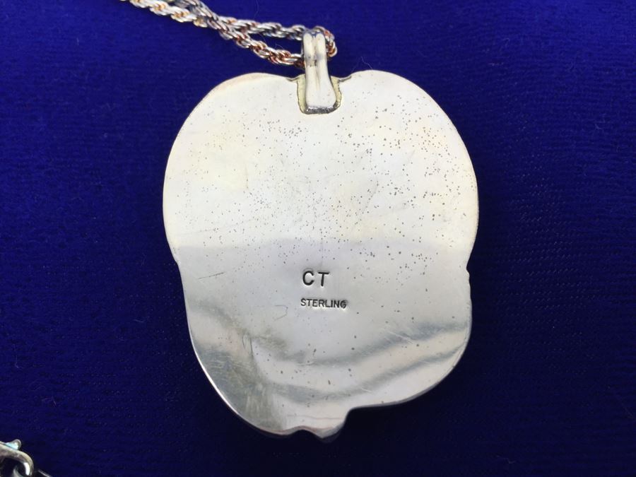 Large Sterling Silver Malachite Pendant Navajo Signed CT Sterling With Sterling Silver 925 Italy Rope Chain Necklace [Photo 3]