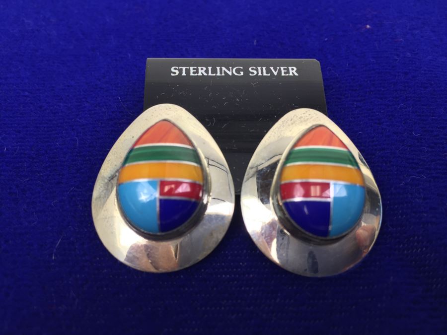 Vintage Sterling Silver Native American Teardrop Pierced Earrings [Photo 1]