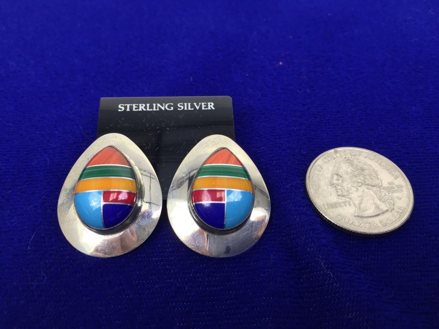 Vintage Sterling Silver Native American Teardrop Pierced Earrings [Photo 4]