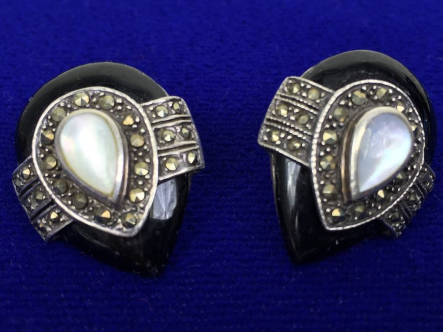 Vintage Sterling Silver Marcasite, Mother Of Pearl, Black Onyx Pierced Earrings Signed 925 MT