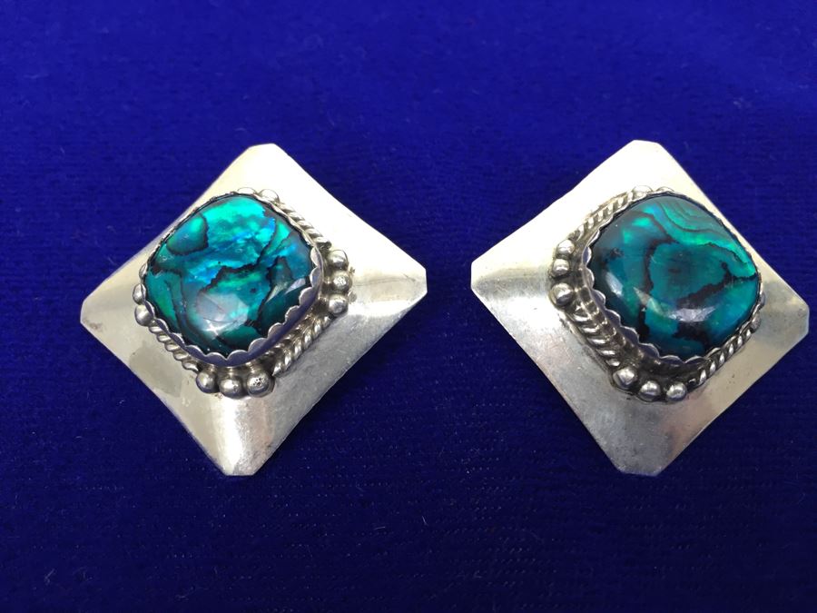Vintage Sterling Silver Navajo Abalone Pierced Earrings Signed Sterling S. Skeets  [Photo 1]