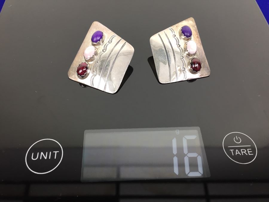 Vintage Sterling Silver Navajo Multi Stone Garnet Earrings Signed B. CHEE 'Ben Chee' [Photo 16]