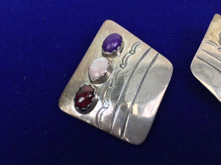 Vintage Sterling Silver Navajo Multi Stone Garnet Earrings Signed B. CHEE 'Ben Chee' [Photo 4]