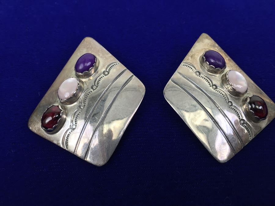 Vintage Sterling Silver Navajo Multi Stone Garnet Earrings Signed B. CHEE 'Ben Chee' [Photo 1]