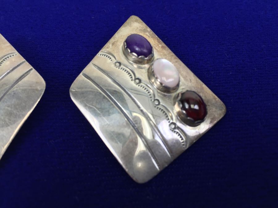 Vintage Sterling Silver Navajo Multi Stone Garnet Earrings Signed B. CHEE 'Ben Chee' [Photo 5]