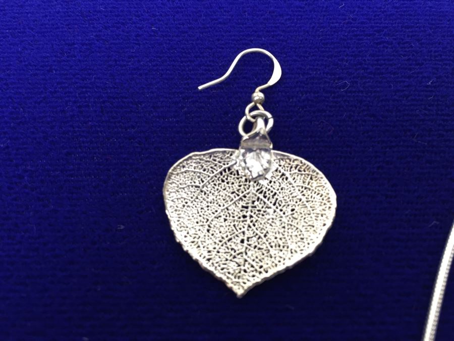 Sterling Silver Italy Chain Necklace With Silver Leaf Pendant And Matching Leaf Earrings [Photo 3]
