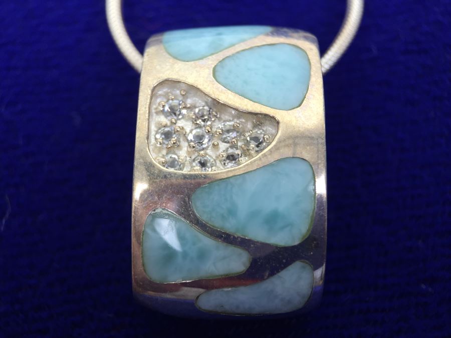 Larimar CZ Slider In Sterling Silver With Sterling Silver Necklace Signed 19g [Photo 5]