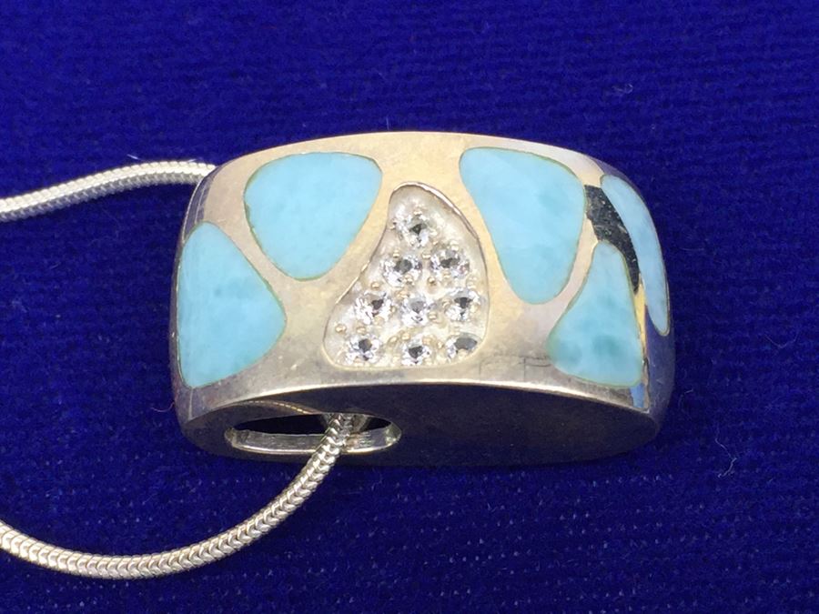 Larimar CZ Slider In Sterling Silver With Sterling Silver Necklace Signed 19g [Photo 16]
