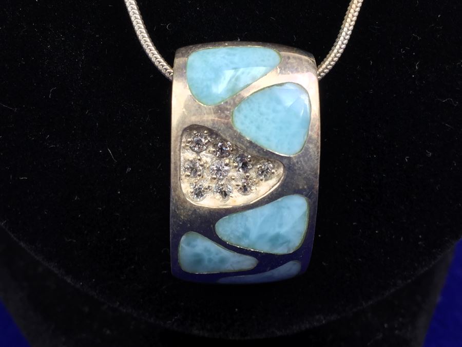 Larimar CZ Slider In Sterling Silver With Sterling Silver Necklace Signed 19g [Photo 4]
