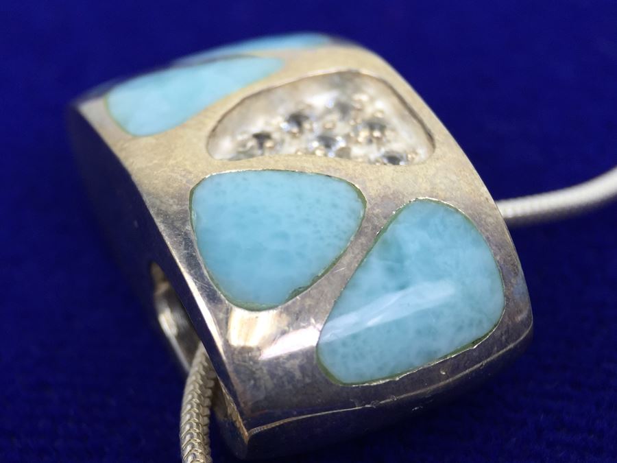 Larimar CZ Slider In Sterling Silver With Sterling Silver Necklace Signed 19g [Photo 9]