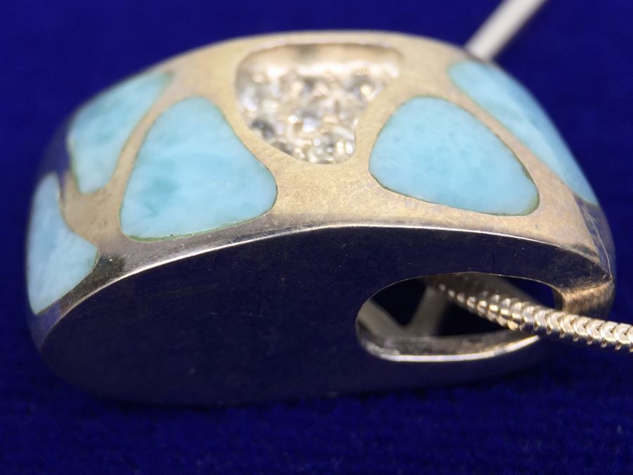 Larimar CZ Slider In Sterling Silver With Sterling Silver Necklace Signed 19g [Photo 8]
