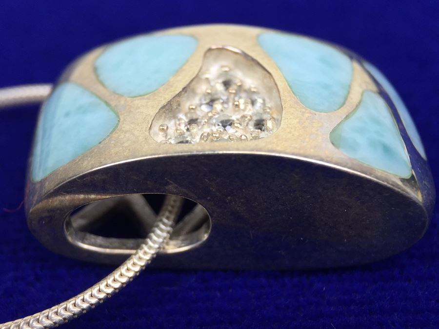 Larimar CZ Slider In Sterling Silver With Sterling Silver Necklace Signed 19g [Photo 10]