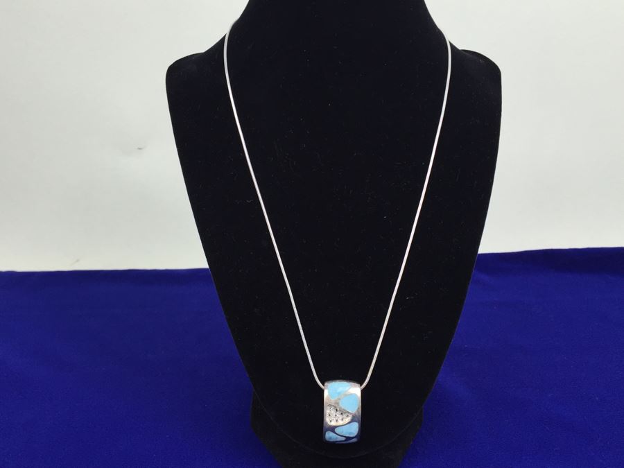 Larimar CZ Slider In Sterling Silver With Sterling Silver Necklace Signed 19g [Photo 1]