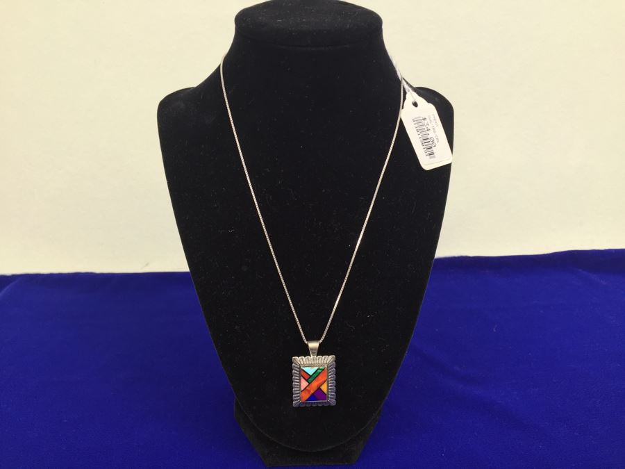 Sterling Silver Multi Stone Pendant Signed QT Sterling With Sterling Silver Italy Chain Necklace 7g [Photo 1]