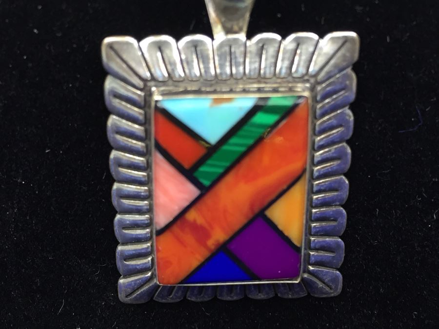 Sterling Silver Multi Stone Pendant Signed QT Sterling With Sterling Silver Italy Chain Necklace 7g [Photo 5]