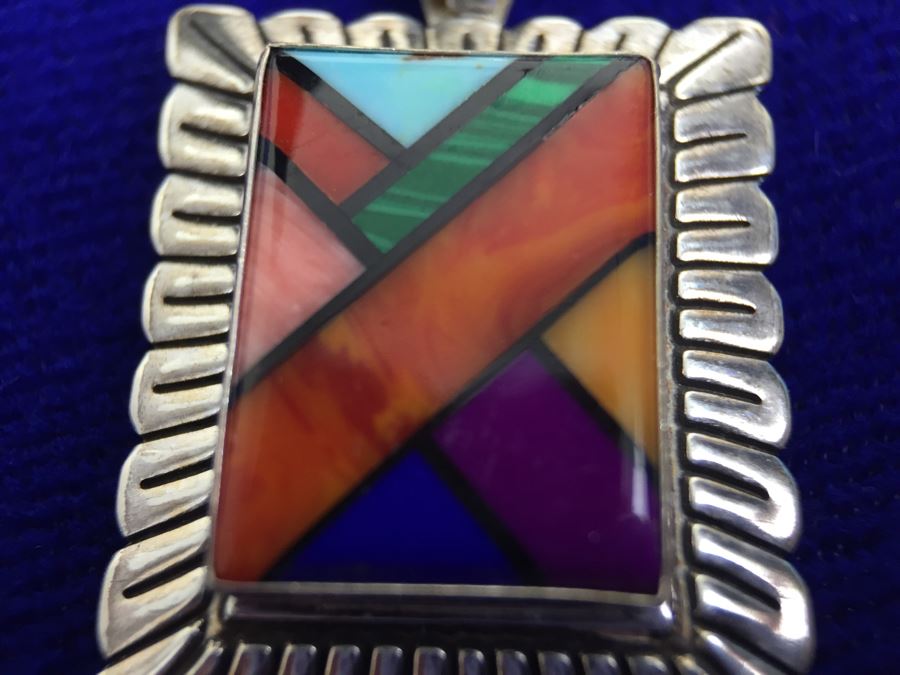 Sterling Silver Multi Stone Pendant Signed QT Sterling With Sterling Silver Italy Chain Necklace 7g [Photo 10]