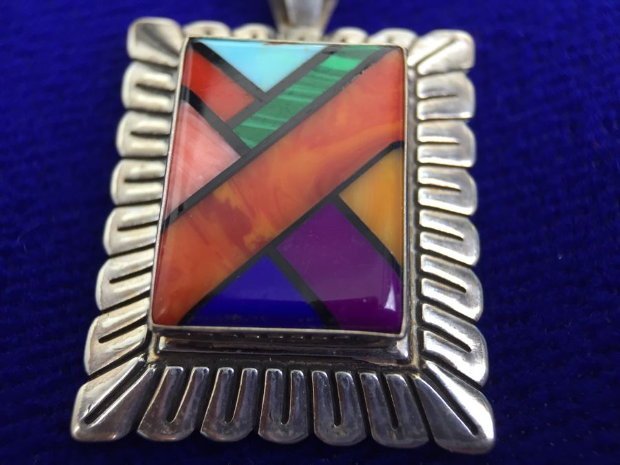 Sterling Silver Multi Stone Pendant Signed QT Sterling With Sterling Silver Italy Chain Necklace 7g [Photo 2]