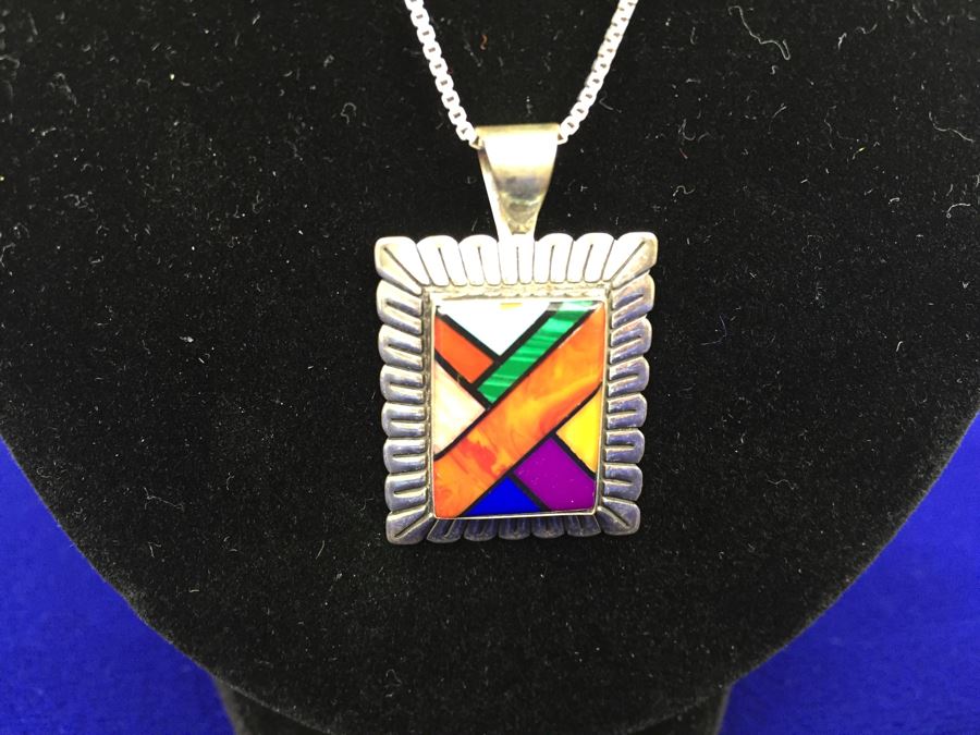 Sterling Silver Multi Stone Pendant Signed QT Sterling With Sterling Silver Italy Chain Necklace 7g [Photo 4]