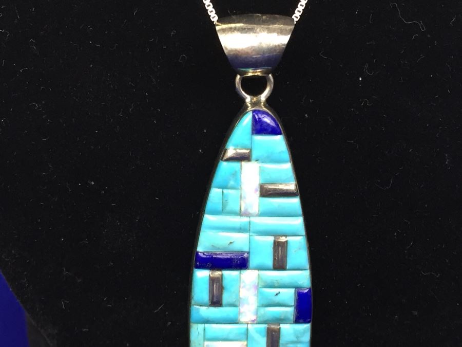 Sterling Silver Native American Pendant Signed WM With Sterling Silver Italy Necklace [Photo 6]
