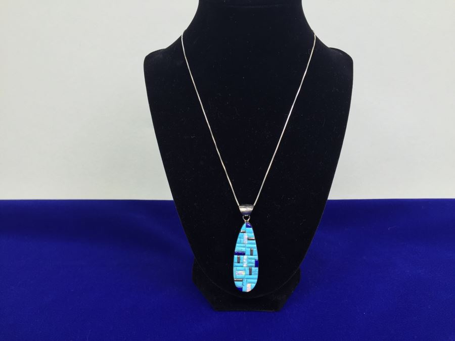 Sterling Silver Native American Pendant Signed WM With Sterling Silver Italy Necklace [Photo 1]