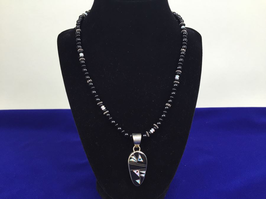 Sterling Silver Native American Pendant With Black Onyx Necklace 39g New With Tags [Photo 1]