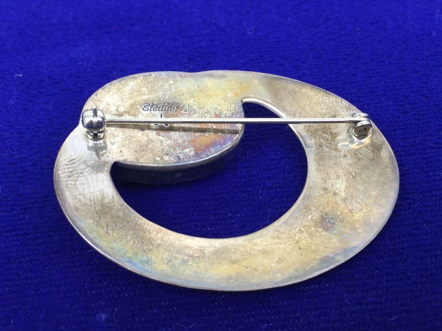 Sterling Silver And Malachite Native American Brooch Signed [Photo 2]