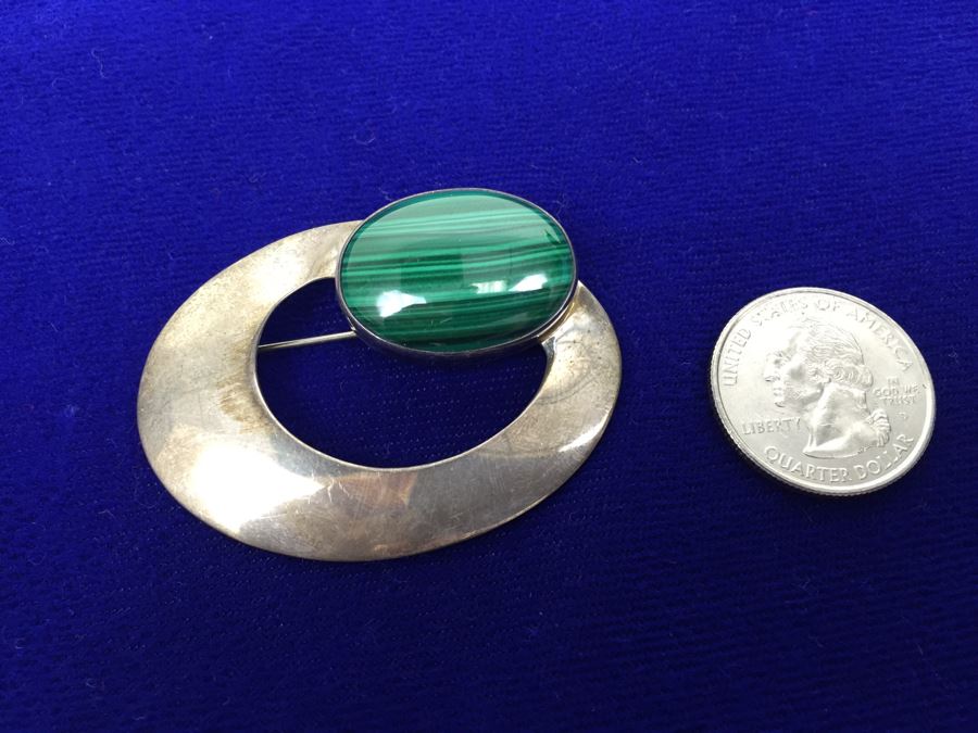 Sterling Silver And Malachite Native American Brooch Signed [Photo 11]