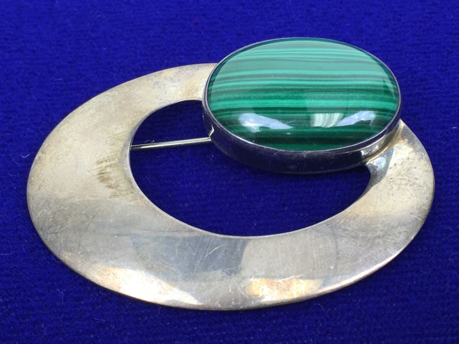Sterling Silver And Malachite Native American Brooch Signed [Photo 1]