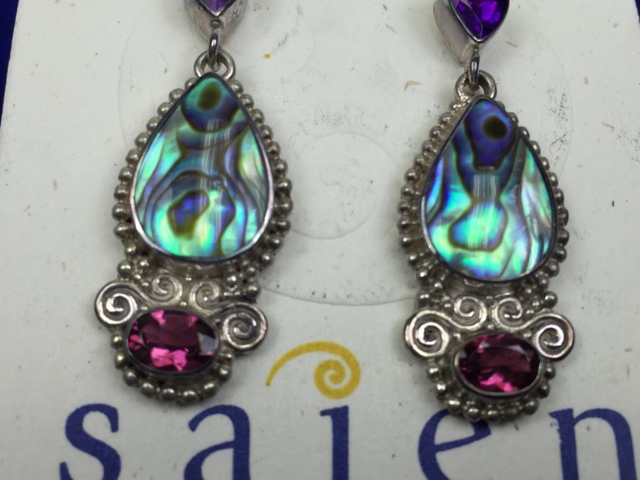 Sajen Sterling Silver Pierced Earrings With Abalone, Amethyst And Garnet [Photo 6]